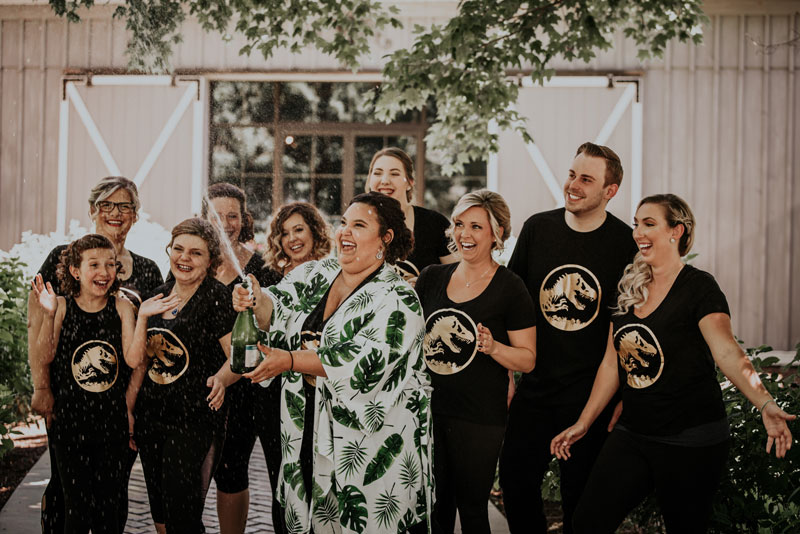 Jurassic Park Theme Wedding Jurassic Park Theme Wedding Bridesmaids Popping Champagne